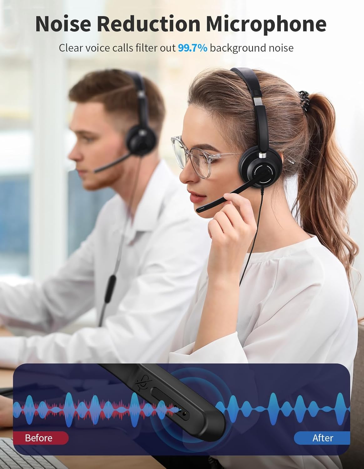 BLACK USB Headset with Microphone for PC, Wired Headphones with Noise Cancelling Mic, Computer Headset with in-line Controls, 3.5mm & USB Plug for Zoom, Skype, Call Center, Office Use, Black